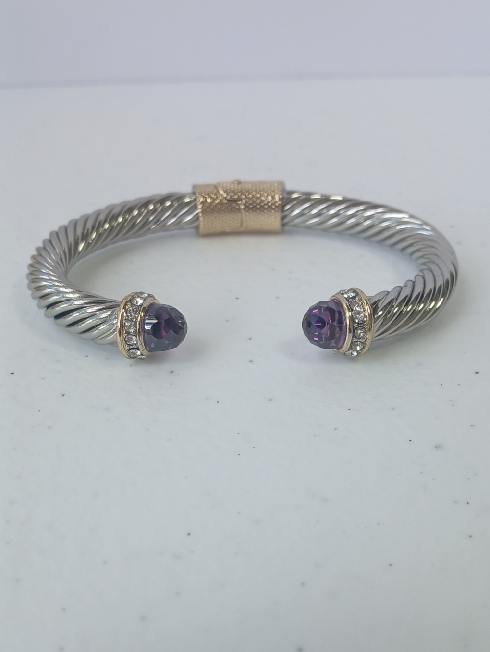 Vintage Silver Tone Twisted Cable Hinged Cuff Bracelet With Amethyst Jewels